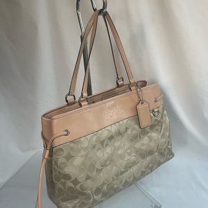 COACH 32702 $298 SIGNATURE CANVAS NUDE LEATHER TRIM DRAWSTRING HANDBAG PURSE